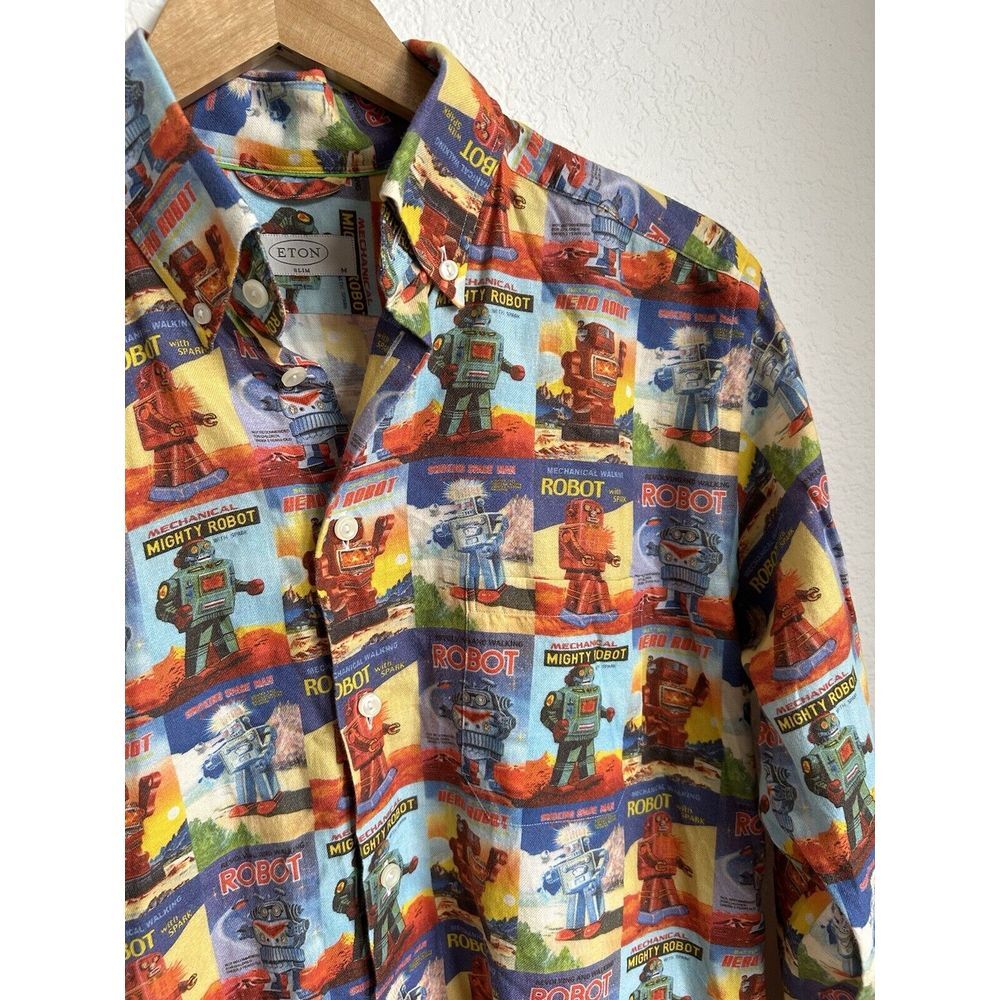 ETON‎ Rare ROBOT Print Chelsea Flannel Shirt SLIM FIT Button Sz 40 M Novelty 90s